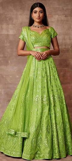 Bollywood, Designer, Engagement, Party Wear Green color Lehenga in Organza Silk fabric with A Line Embroidered, Mirror work : 1830096