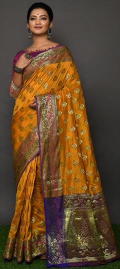 Bridal, Traditional, Wedding Yellow color Saree in Banarasi Silk, Silk fabric with South Weaving work : 1830240