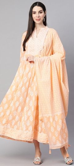 Casual, Festive, Party Wear Orange color Gown in Cotton fabric with Anarkali Printed, Sequence work : 1830397