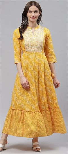 Casual, Festive, Party Wear Yellow color Gown in Cotton fabric with Anarkali Bandhej, Embroidered, Printed, Zari work : 1830404