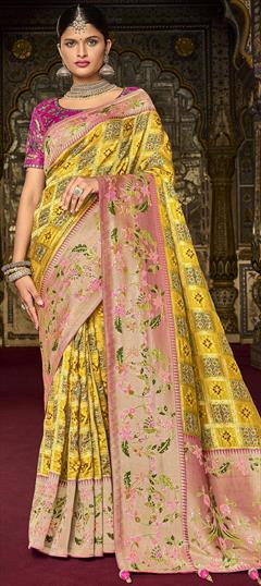 Traditional, Wedding Gold color Saree in Banarasi Silk, Silk fabric with Rajasthani, South Bandhej, Printed, Sequence, Weaving work : 1830410