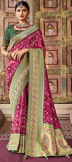 Traditional Pink and Majenta color Saree in Banarasi Silk, Silk fabric with Rajasthani, South Bandhej, Printed, Sequence, Weaving work : 1830417
