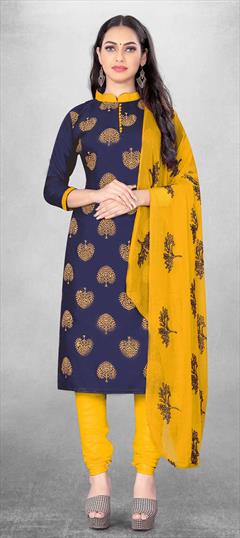 Casual Blue color Salwar Kameez in Cotton fabric with Churidar, Straight Printed work : 1830477