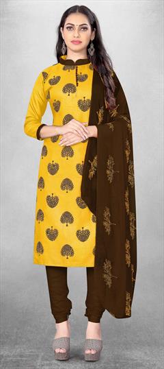 Casual Yellow color Salwar Kameez in Cotton fabric with Churidar, Straight Printed work : 1830479