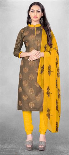 Casual Beige and Brown color Salwar Kameez in Cotton fabric with Churidar, Straight Printed work : 1830480
