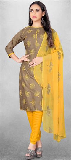 Casual Beige and Brown color Salwar Kameez in Cotton fabric with Churidar, Straight Printed work : 1830481