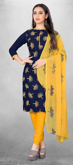 Casual Blue color Salwar Kameez in Cotton fabric with Churidar, Straight Printed work : 1830483