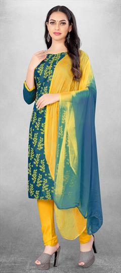 Casual Blue color Salwar Kameez in Cotton fabric with Churidar, Straight Printed work : 1830485