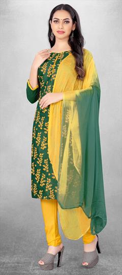 Casual Green color Salwar Kameez in Cotton fabric with Churidar, Straight Printed work : 1830486