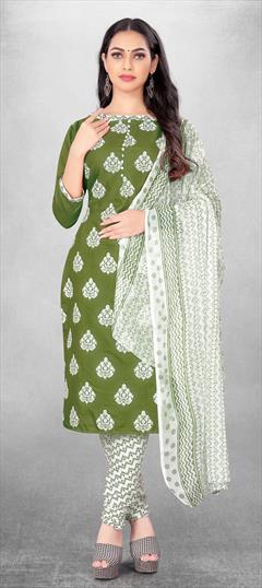 Casual Green color Salwar Kameez in Cotton fabric with Churidar, Straight Printed work : 1830497