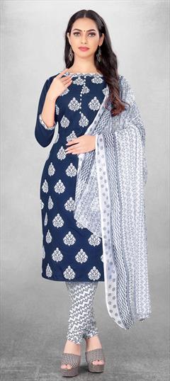 Casual Blue color Salwar Kameez in Cotton fabric with Churidar, Straight Printed work : 1830498