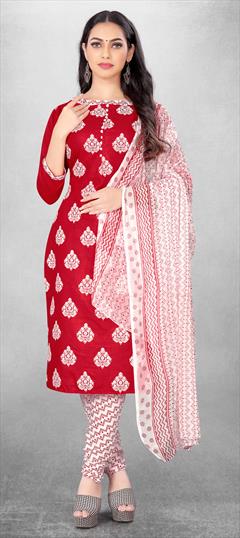 Casual Red and Maroon color Salwar Kameez in Cotton fabric with Churidar, Straight Printed work : 1830500