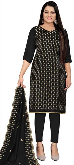 Party Wear Black and Grey color Salwar Kameez in Cotton fabric with Straight Embroidered, Resham, Thread work : 1830503