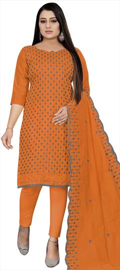 Party Wear Orange color Salwar Kameez in Cotton fabric with Straight Embroidered, Resham, Thread work : 1830505