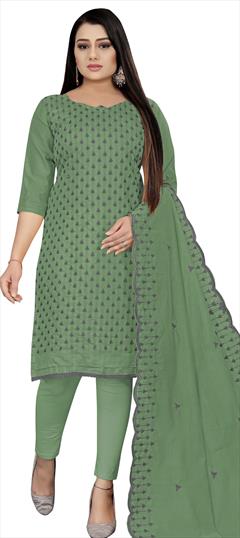 Party Wear Blue color Salwar Kameez in Cotton fabric with Straight Embroidered, Resham, Thread work : 1830512