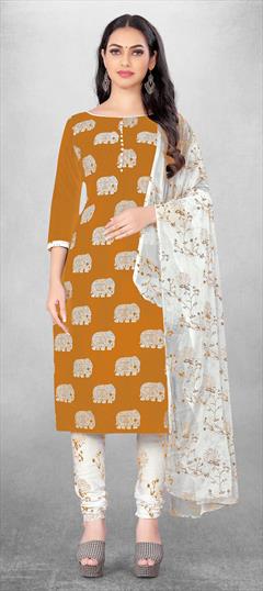 Casual Yellow color Salwar Kameez in Cotton fabric with Churidar, Straight Printed work : 1830517