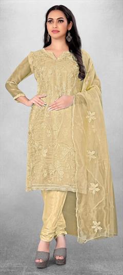 Casual Beige and Brown color Salwar Kameez in Organza Silk fabric with Straight Embroidered, Thread work : 1830518