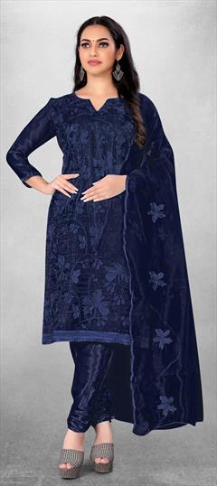 Casual Blue color Salwar Kameez in Organza Silk fabric with Churidar, Straight Embroidered, Thread work : 1830519