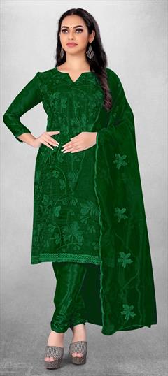 Casual Green color Salwar Kameez in Organza Silk fabric with Churidar, Straight Embroidered, Thread work : 1830520