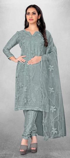 Casual Black and Grey color Salwar Kameez in Organza Silk fabric with Churidar, Straight Embroidered, Thread work : 1830521