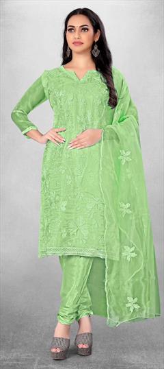 Casual Green color Salwar Kameez in Organza Silk fabric with Churidar, Straight Embroidered, Thread work : 1830522