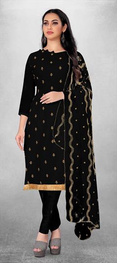 Casual Black and Grey color Salwar Kameez in Georgette fabric with Straight Embroidered, Lace, Thread work : 1830532