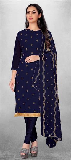 Casual Blue color Salwar Kameez in Georgette fabric with Straight Embroidered, Lace, Thread work : 1830533