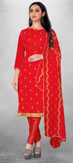Casual Red and Maroon color Salwar Kameez in Georgette fabric with Straight Embroidered, Lace, Thread work : 1830535