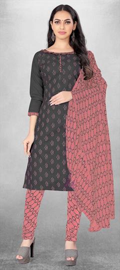 Casual Black and Grey color Salwar Kameez in Cotton fabric with Churidar, Straight Printed work : 1830539