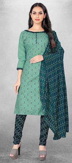 Casual Green color Salwar Kameez in Cotton fabric with Churidar, Straight Printed work : 1830543