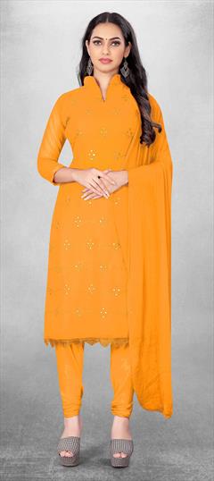 Casual Orange color Salwar Kameez in Georgette fabric with Churidar, Straight Embroidered, Thread work : 1830604