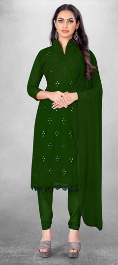 Casual Green color Salwar Kameez in Georgette fabric with Churidar, Straight Embroidered, Thread work : 1830605