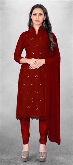 Casual Red and Maroon color Salwar Kameez in Georgette fabric with Churidar, Straight Embroidered, Thread work : 1830606