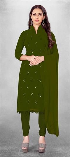 Casual Green color Salwar Kameez in Georgette fabric with Churidar, Straight Embroidered, Thread work : 1830607