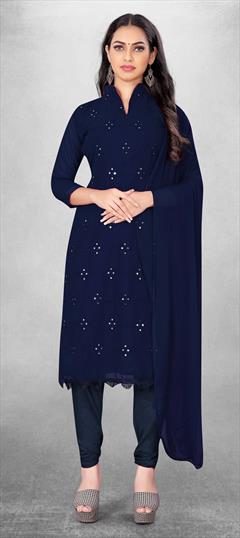 Casual Blue color Salwar Kameez in Georgette fabric with Churidar, Straight Embroidered, Thread work : 1830608