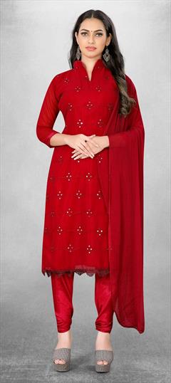 Casual Red and Maroon color Salwar Kameez in Georgette fabric with Churidar, Straight Embroidered, Thread work : 1830612