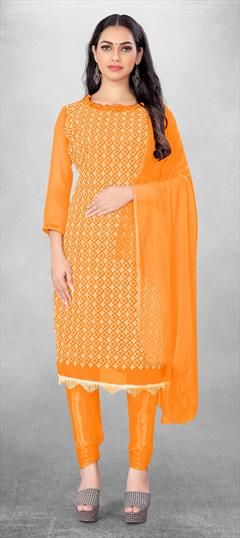 Casual Orange color Salwar Kameez in Georgette fabric with Churidar, Straight Embroidered, Resham, Thread work : 1830717