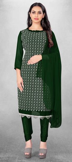 Casual Green color Salwar Kameez in Georgette fabric with Churidar, Straight Embroidered, Resham, Thread work : 1830721