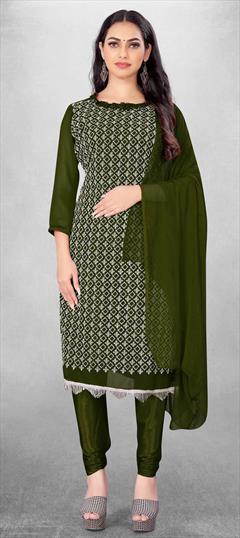 Casual Green color Salwar Kameez in Georgette fabric with Churidar, Straight Embroidered, Resham, Thread work : 1830728