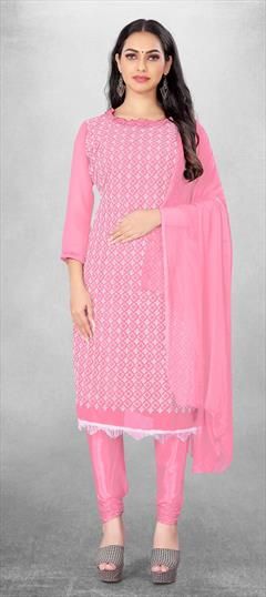 Casual Pink and Majenta color Salwar Kameez in Georgette fabric with Churidar, Straight Embroidered, Resham, Thread work : 1830736
