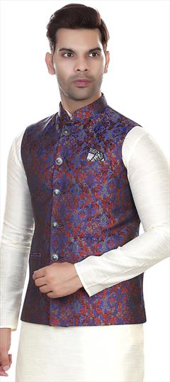 Blue color Nehru Jacket in Jacquard fabric with Weaving work : 1830782