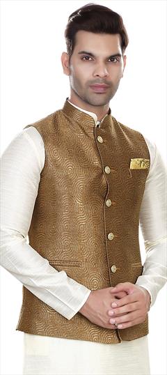 Beige and Brown color Nehru Jacket in Jacquard fabric with Weaving work : 1830785