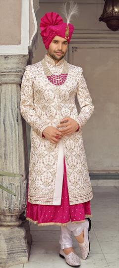 Pink and Majenta, White and Off White color Sherwani in Art Silk fabric with Embroidered, Stone, Thread work : 1831144
