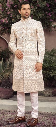 White and Off White color Sherwani in Art Silk fabric with Stone, Thread, Zari work : 1831146