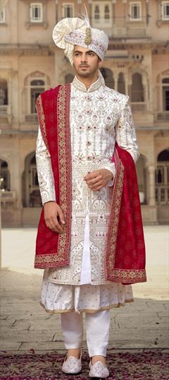 White and Off White color Sherwani in Art Silk fabric with Embroidered, Sequence, Stone, Zari work : 1831149