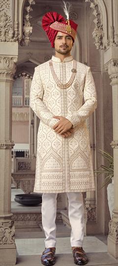 Beige and Brown color Sherwani in Art Silk fabric with Embroidered, Sequence, Stone, Thread work : 1831172