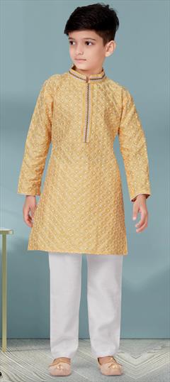 Yellow color Boys Kurta Pyjama in Jacquard fabric with Embroidered, Thread work : 1831194