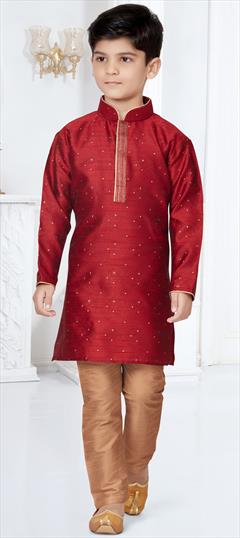 Red and Maroon color Boys Kurta Pyjama in Jacquard fabric with Lace, Thread work : 1831200
