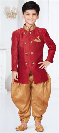 Red and Maroon color Boys Indo-Western in Jacquard fabric with Lace, Thread work : 1831212