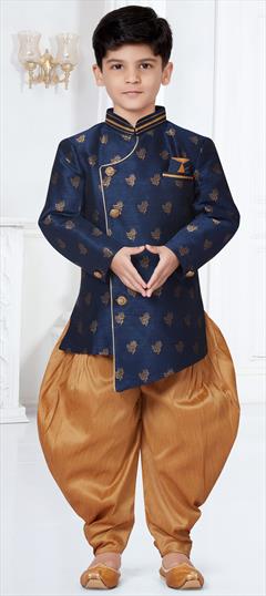 Blue color Boys Indo-Western in Dupion Silk fabric with Lace, Thread work : 1831214